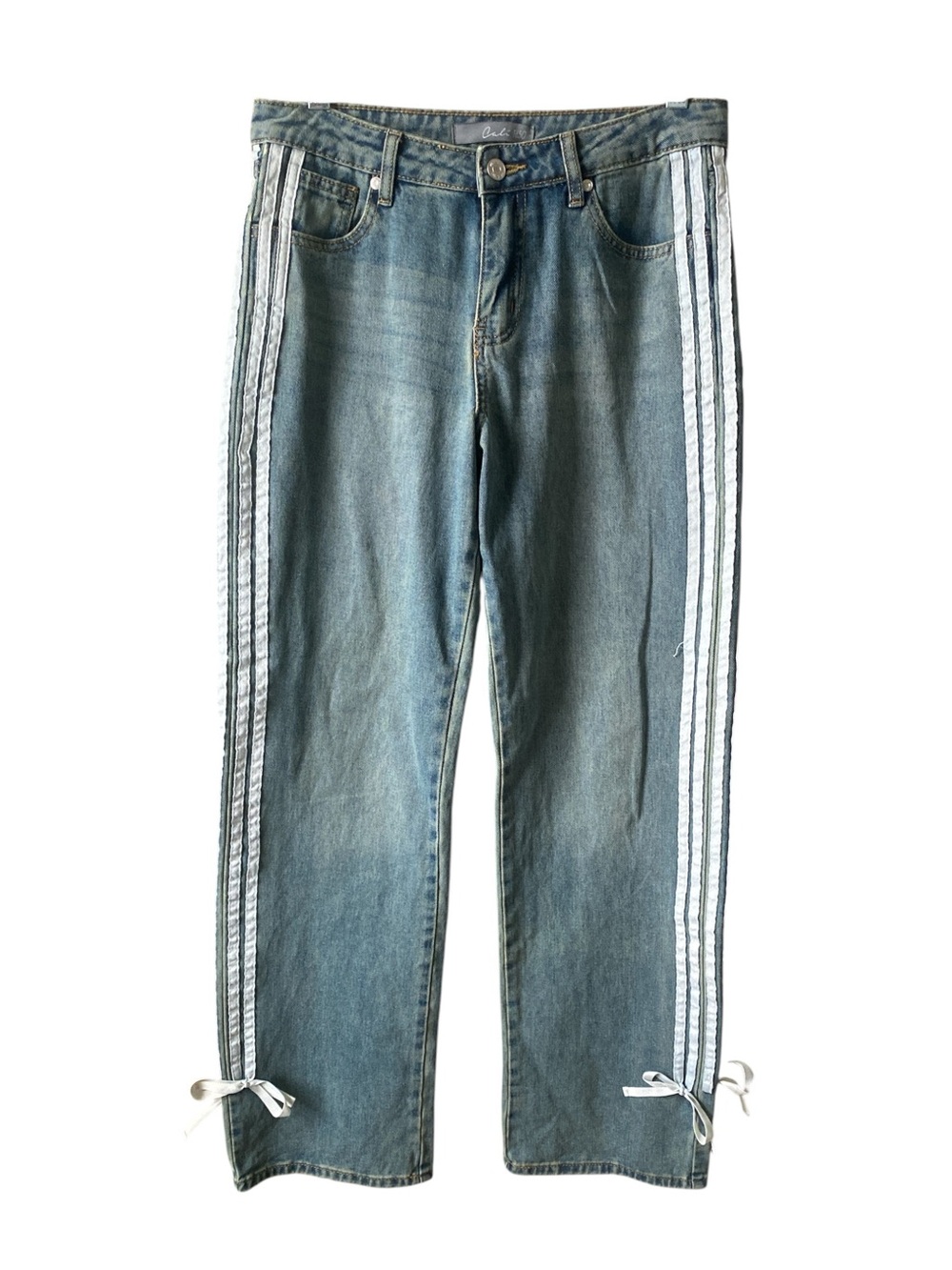 Cali1850 Women Mid Rise Striped Baggy Jeans - Tinted Dark Wash Size 27